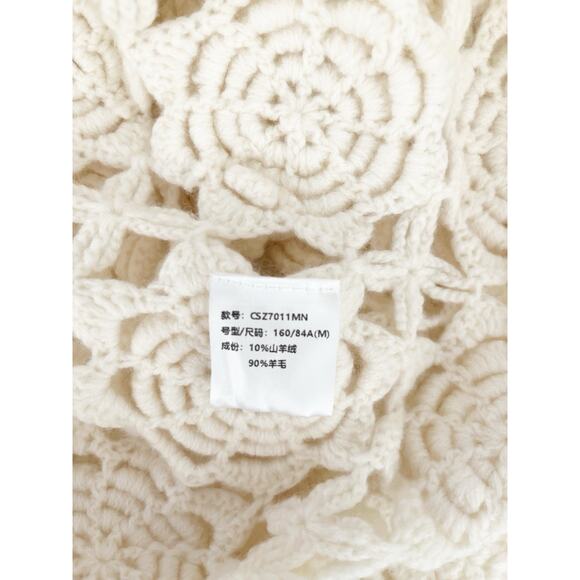 3D Floral Crochet Cardigan Women M Cream White Wool Cashmere Open Knit Relaxed - Picture 6 of 7